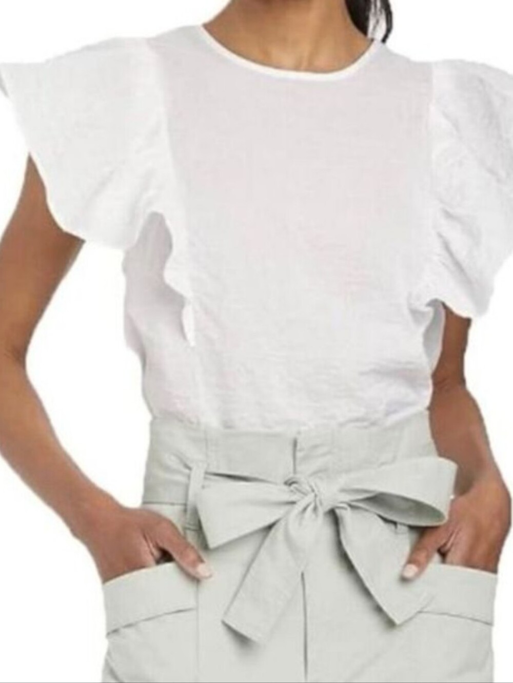 A New Day White Cotton Crinkle Ruffle Top Flutter Sleeves M Coastal Romantic